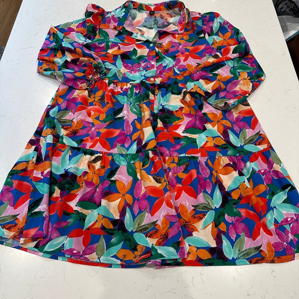 SHEIN Curve Womens 2XL Floral Leaf Print Tiered Button Down Mini Dress Blue